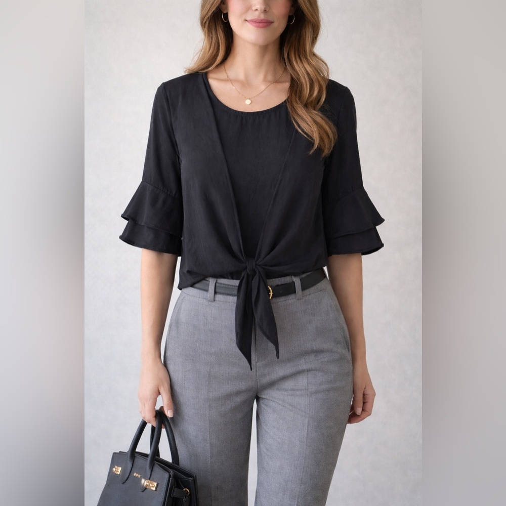 She + Sky Black Blouse Ruffle Sleeve Front Tie Detail Size S - Flirty Chic